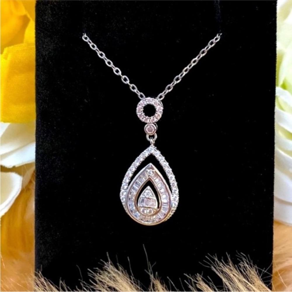 Teardrop Baguette & Micro Pave Diamond Accent Pendant Necklace NEW!